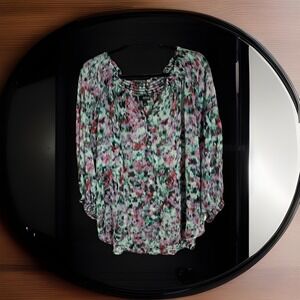 a.n.a Women's Plus 2X Abstract Print Blouse Ruffle Neck Long Sleeve Button Front